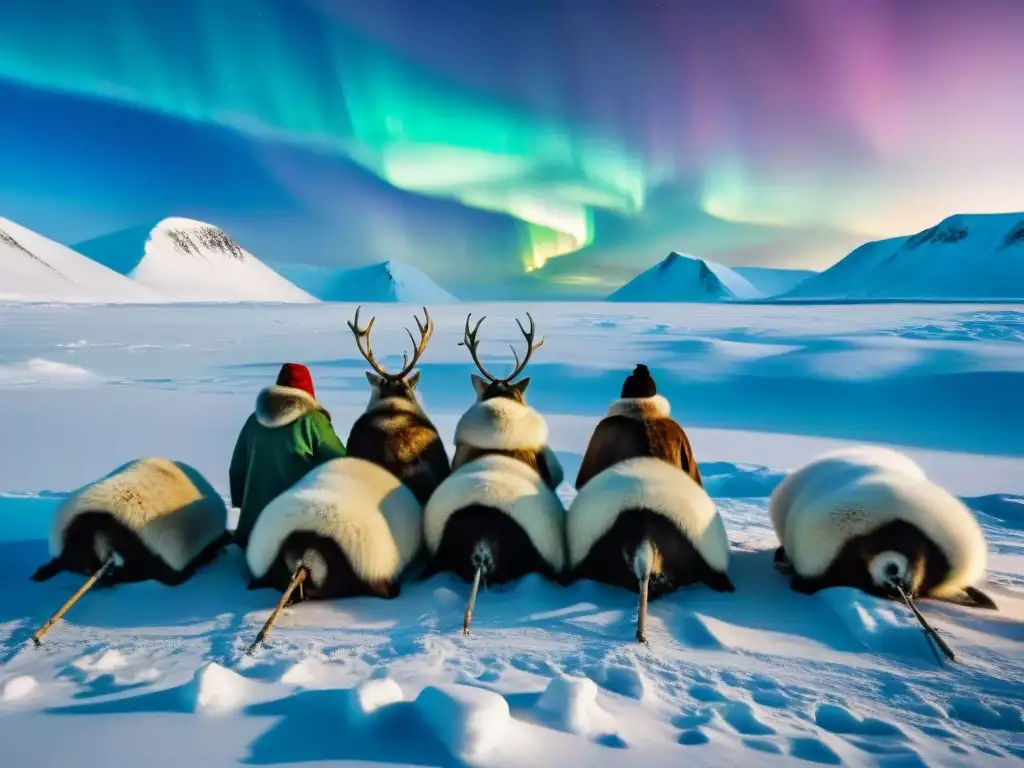 Un retrato detallado de la vida nómada de los Nenets en Siberia, con sus renos y la aurora boreal en el cielo