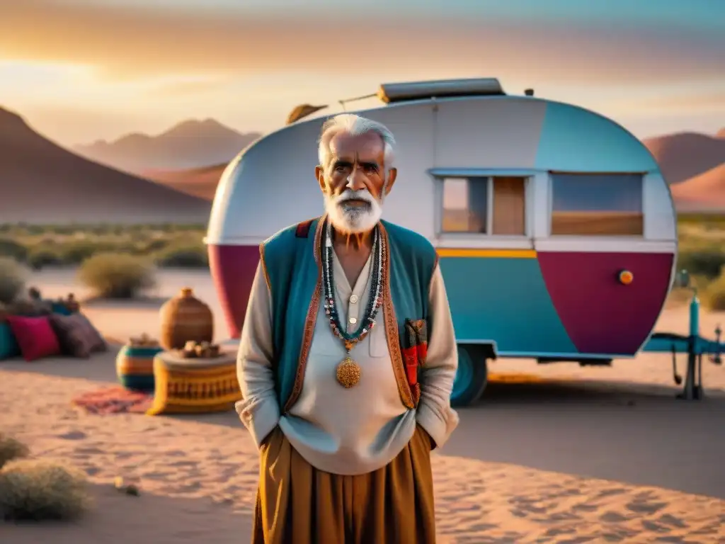 Retrato documental de un anciano tribal nómada con vestimenta tradicional, frente a una caravana vintage en el desierto al atardecer