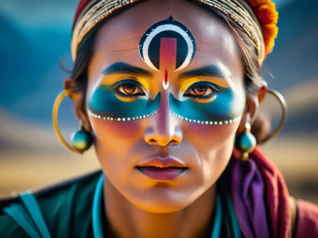 Retrato en macrofotografía de una mujer de tribu nómada en la estepa con pintura facial tradicional, expresión sabia