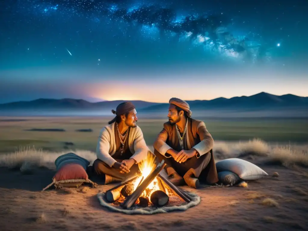 Un retrato nocturno mágico de tribus nómadas alrededor de una fogata en las estepas, bajo un cielo estrellado