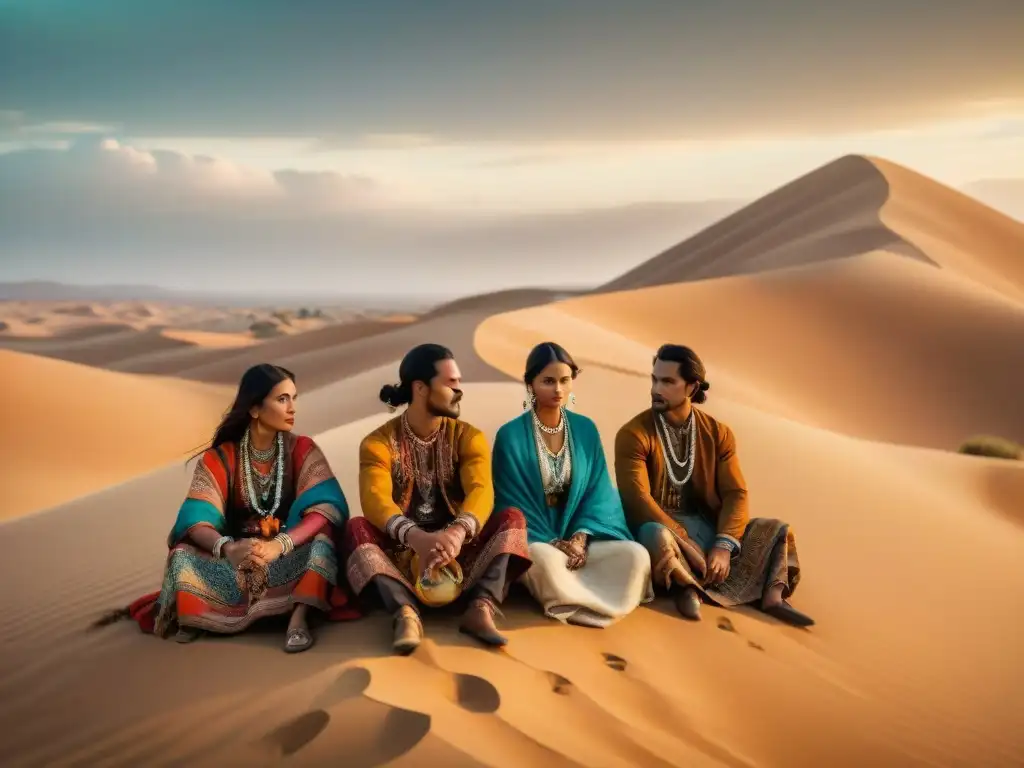 Un retrato vintage de nómadas en el desierto con simbolismo en vestimentas nómadas para tendencias actuales