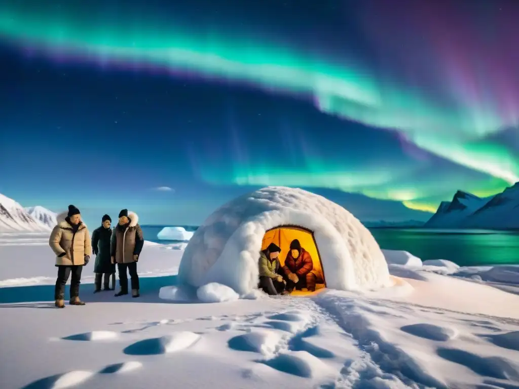 Retrato vintage de tribu Inuit en iglú bajo auroras boreales, demostrando adaptación y unidad en clima extremo ártico