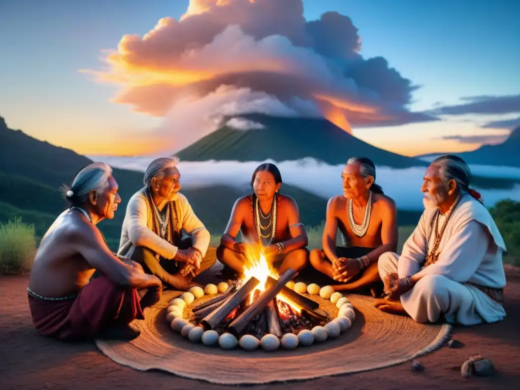 Reunión de ancianos indígenas de diferentes tribus alrededor de una fogata al atardecer, irradiando sabiduría ancestral