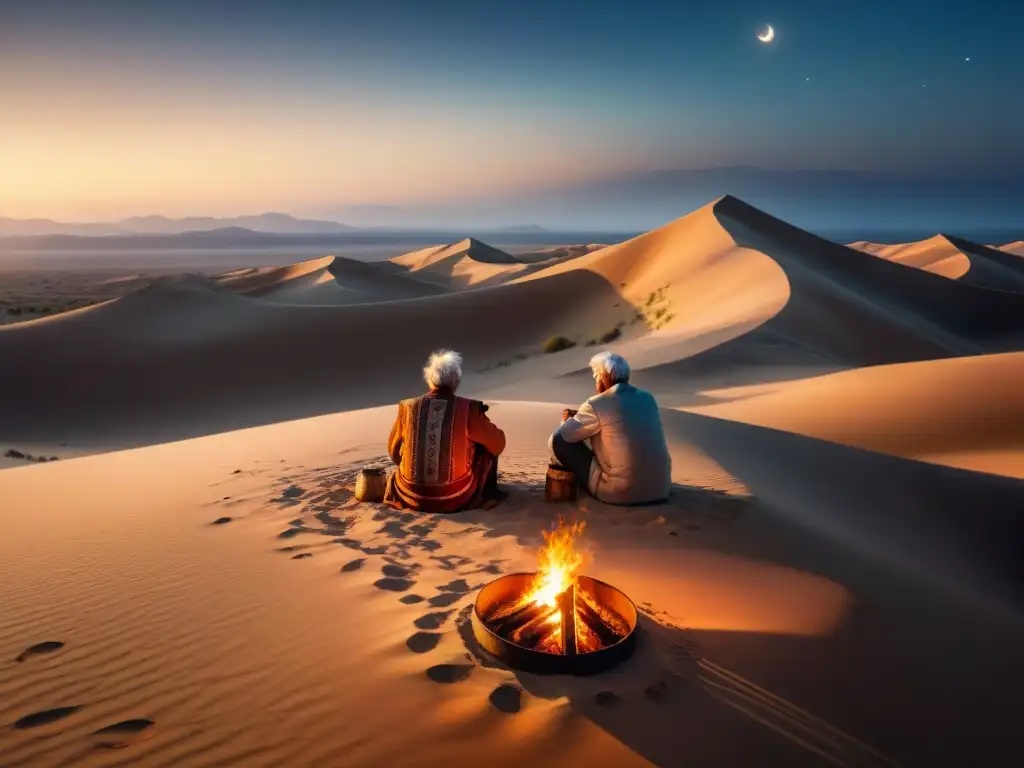 Reunión de ancianos nómadas en la noche del desierto, reflejando la importancia de su sabiduría en la gobernanza