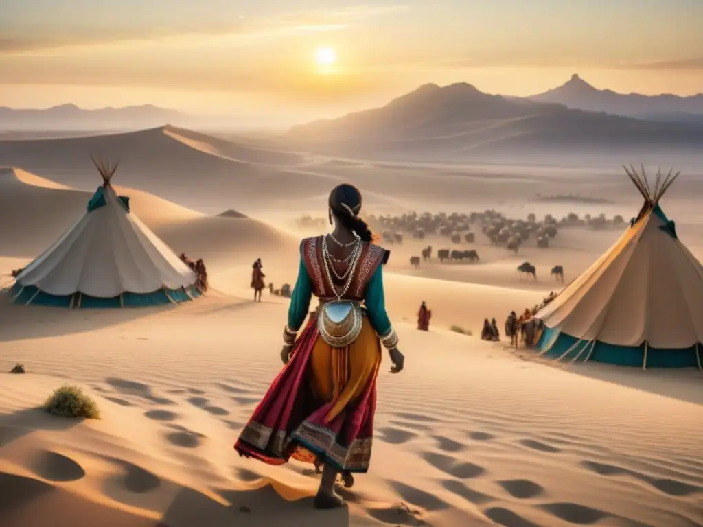 Una reunión ceremonial entre tribus nómadas en el desierto al atardecer