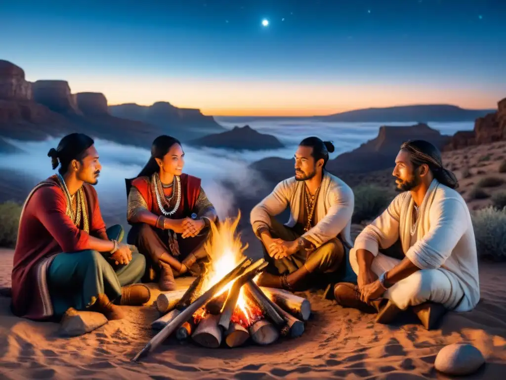 Reunión de estrategias líderes nómadas legendarios alrededor de fogata bajo cielo estrellado en desierto