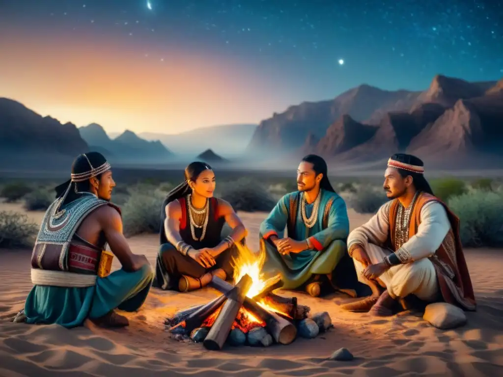 Reunión de líderes tribales nómadas alrededor de fogata en desierto, planificando estrategias con armas tradicionales bajo cielo estrellado y montañas