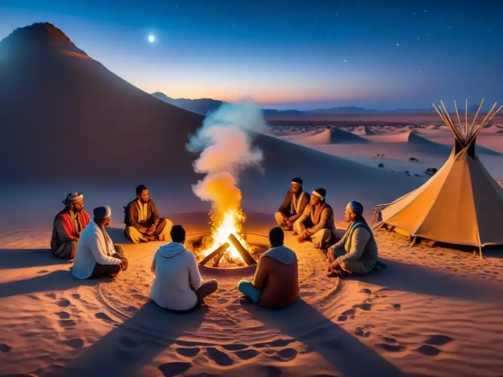 Reunión de tribu nómada alrededor de fogata bajo cielo estrellado, transmitiendo sabiduría ancestral, en desierto