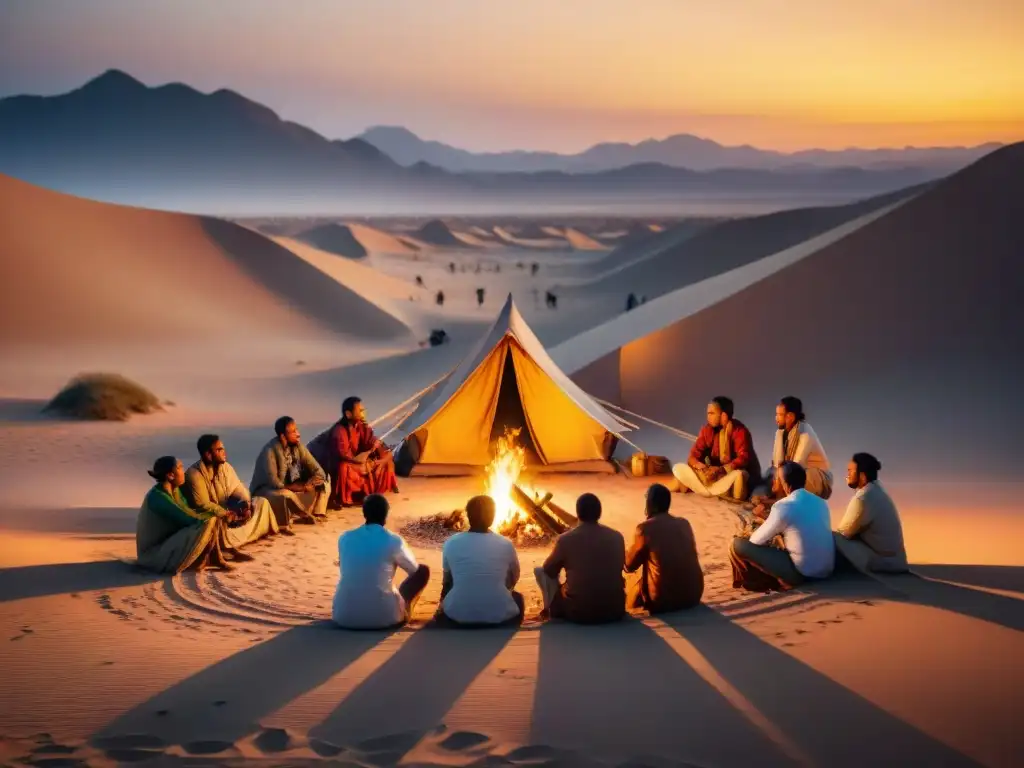 Reunión de tribu nómada alrededor de fogata en desierto al atardecer, preservación identidades tribus nómadas sedentarias