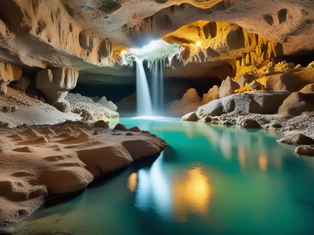 Un río subterráneo en una caverna rocosa iluminada por luz cálida, reflejando estalactitas y estalagmitas