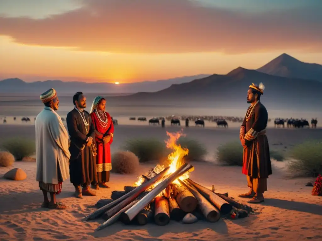 Ritos funerarios de tribus nómadas en un paisaje desierto al atardecer