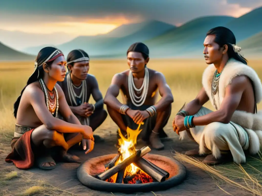 Ritos de iniciación tribus nómadas en la vasta estepa: jóvenes alrededor del fuego, ancianos observando la ceremonia ancestral