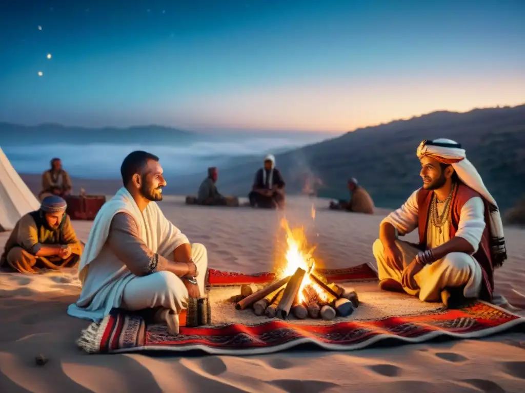 Un ritual curativo en la noche del desierto, con Beduinos en trajes tradicionales y herramientas místicas