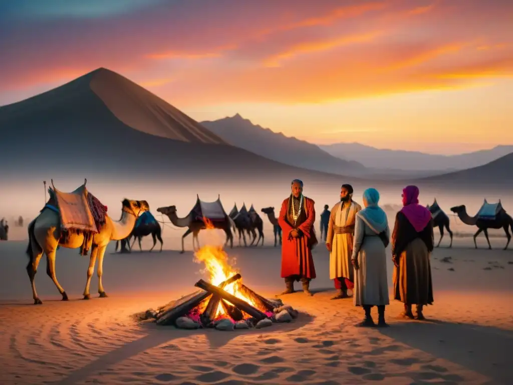 Un ritual funerario de una tribu nómada en el desierto al atardecer