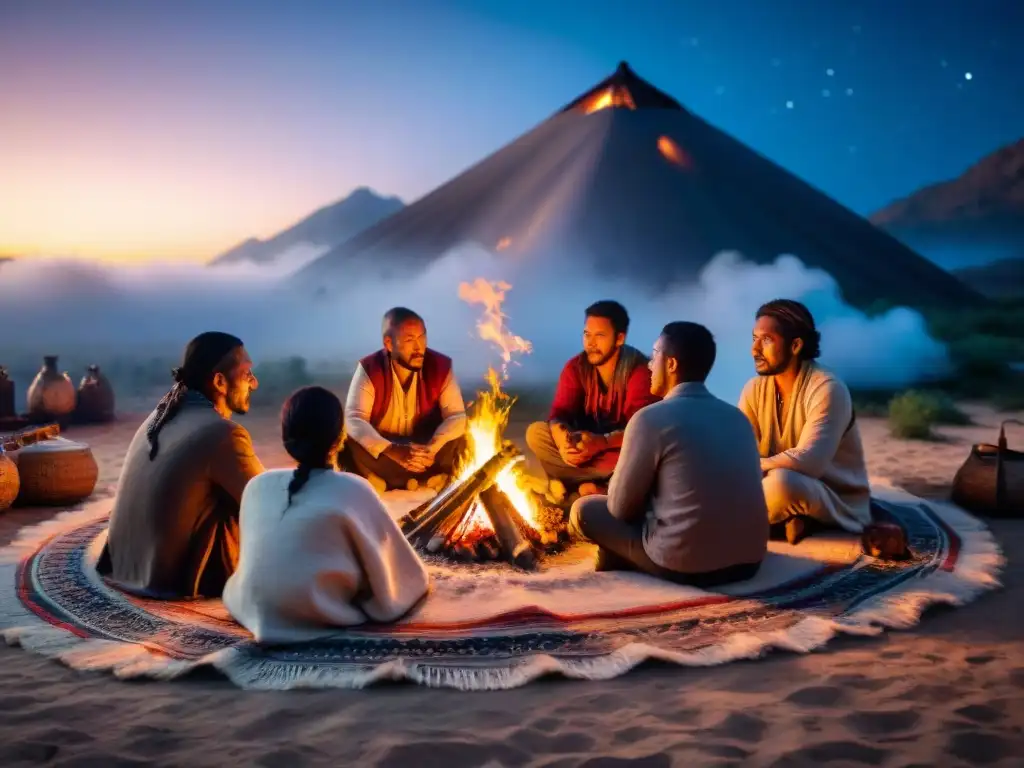 Rituales de bienestar nómada modernos en ceremonia alrededor de fogata estrellada