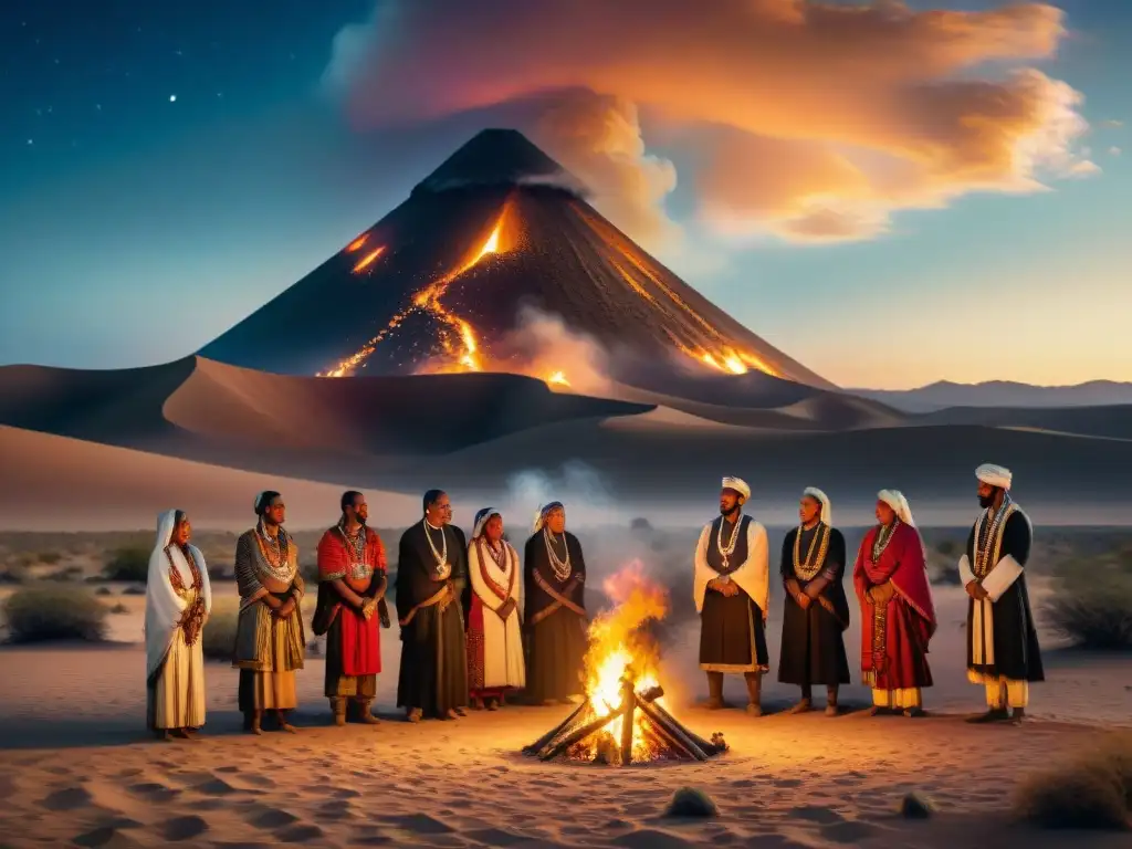 Rituales funerarios tribus nómadas reunidas alrededor de una pira funeraria en desierto estrellado, evocando comunidad y conexión eterna