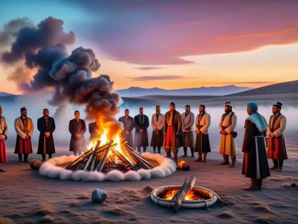 Rituales funerarios de tribus nómadas en la estepa al atardecer vibrante