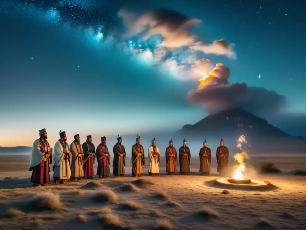 Rituales funerarios de tribus nómadas en las estepas bajo un cielo estrellado, evocando solemnidad y tradición ancestral