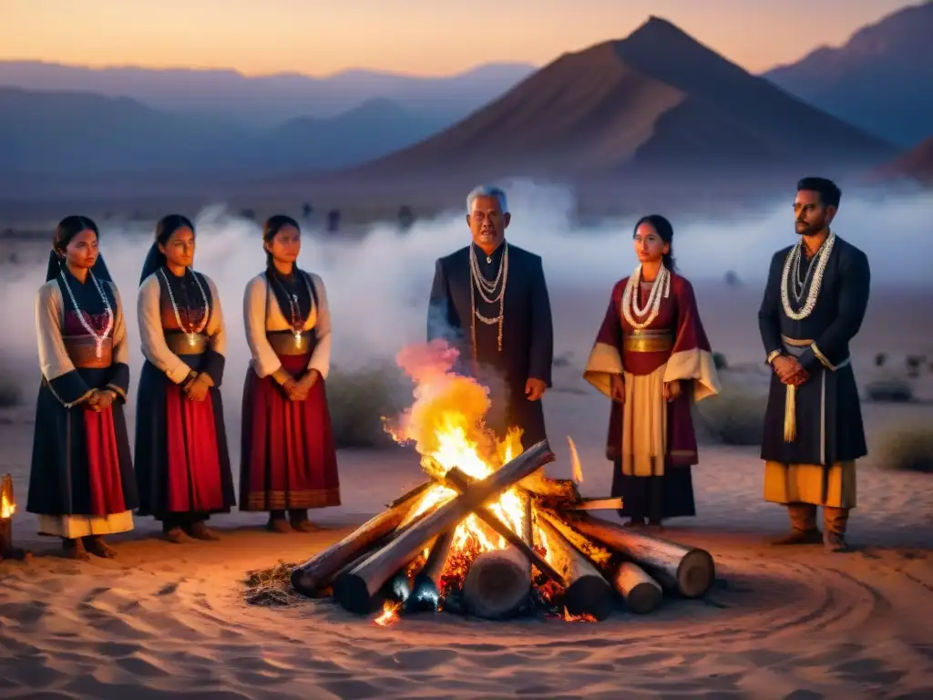 Rituales funerarios tribus nómadas reunidas alrededor de una hoguera en el desierto estrellado, en una ceremonia solemne y comunitaria