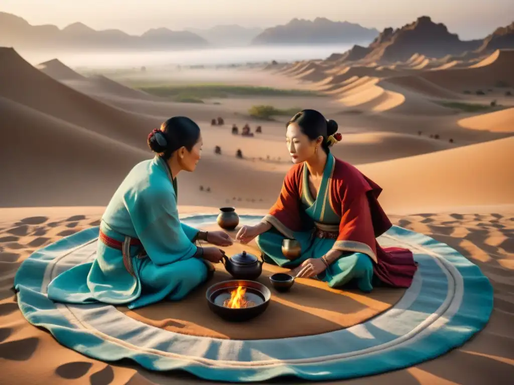 Rituales de hospitalidad en tribus nómadas: Ceremonia de té en el desierto al atardecer