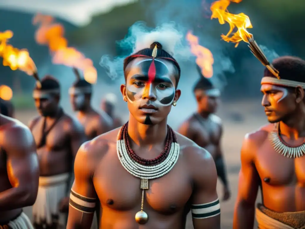 Rituales de iniciación en tribus: jóvenes tribal en ceremonia alrededor del fuego, mostrando emociones y tradiciones ancestrales