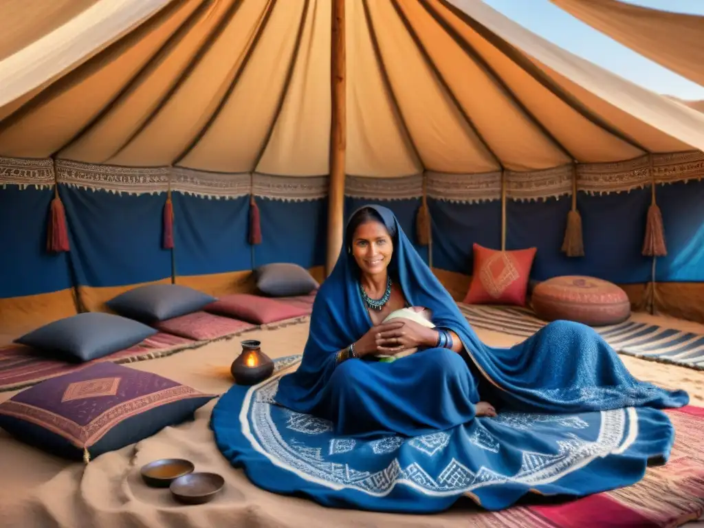 Rituales de nacimiento entre tribus nómadas: Madre Tuareg con su bebé en un tentempié tradicional, rodeada de mujeres