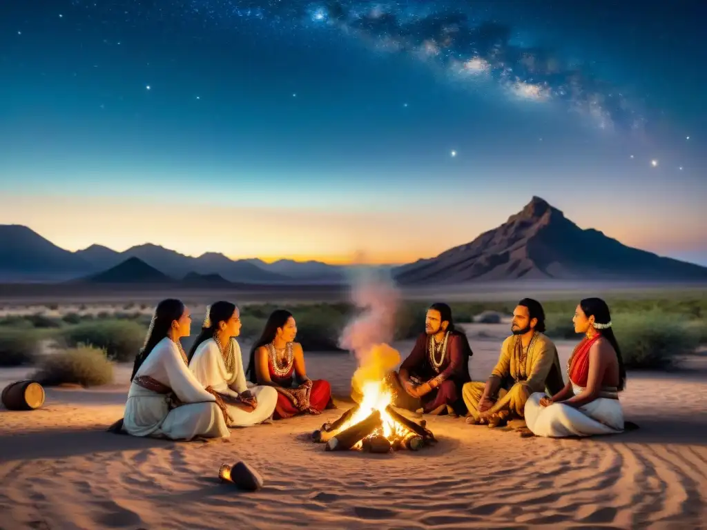 Rituales tribales de unión y supervivencia en la danza alrededor de la fogata bajo un cielo estrellado en el desierto vasto