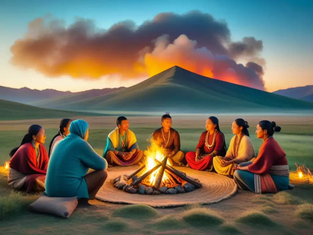 Rituales tribales de una tribu nómada en las estepas, compartiendo un banquete alrededor de un fuego sagrado