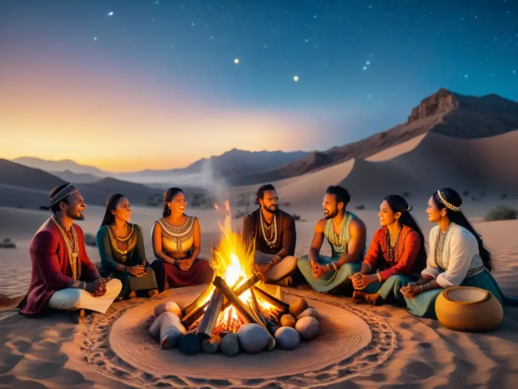 Rituales tribales de una vida nómada: tribu celebrando festividades alrededor de una fogata en el desierto bajo un cielo estrellado