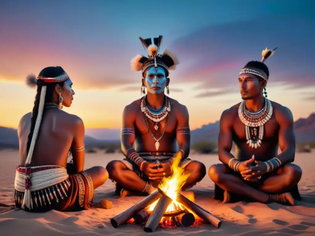 Rituales de tribus nómadas: ceremonia alrededor de fogata en desierto al atardecer, con pinturas faciales y vestimenta tradicional