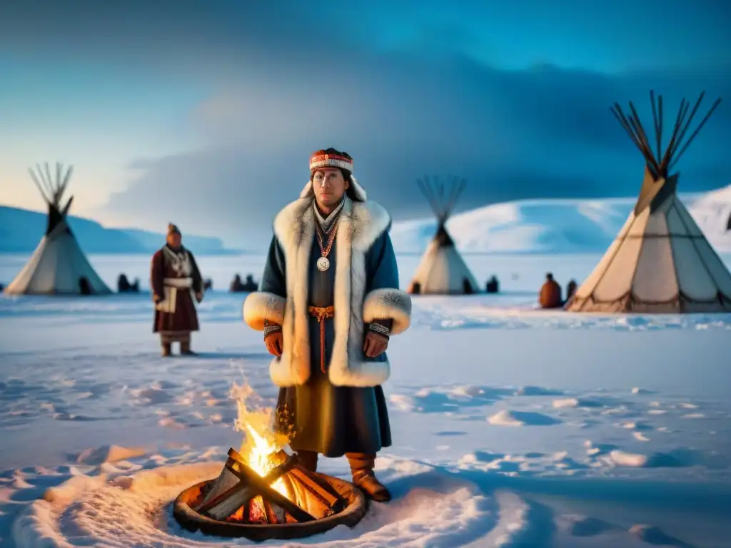 Rituales tribus nómadas participar respetuosamente alrededor fogata en tundra ártica nevada