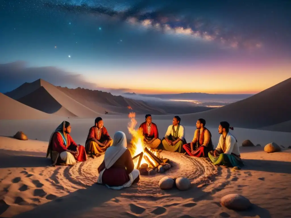 Rituales tribus nómadas danzan unidos alrededor de fogata en la noche estrellada del desierto