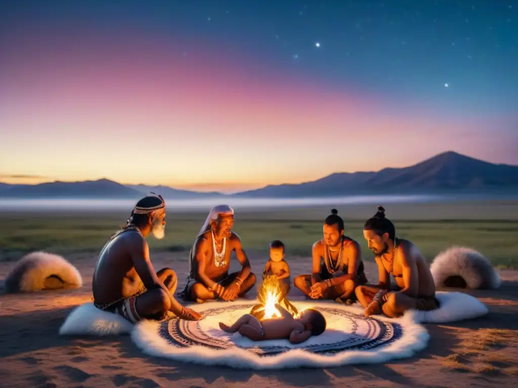 Rituales de iniciación en tribus: Ancianos tribales rodean a un bebé bajo un cielo estrellado, realizando un ritual de bienvenida en la estepa