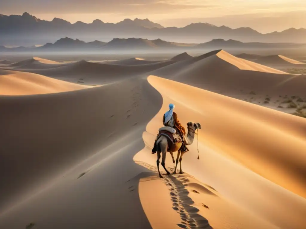 Un rollo de pergamino vintage desplegado en el desierto al atardecer, con obras literarias tribus nómadas