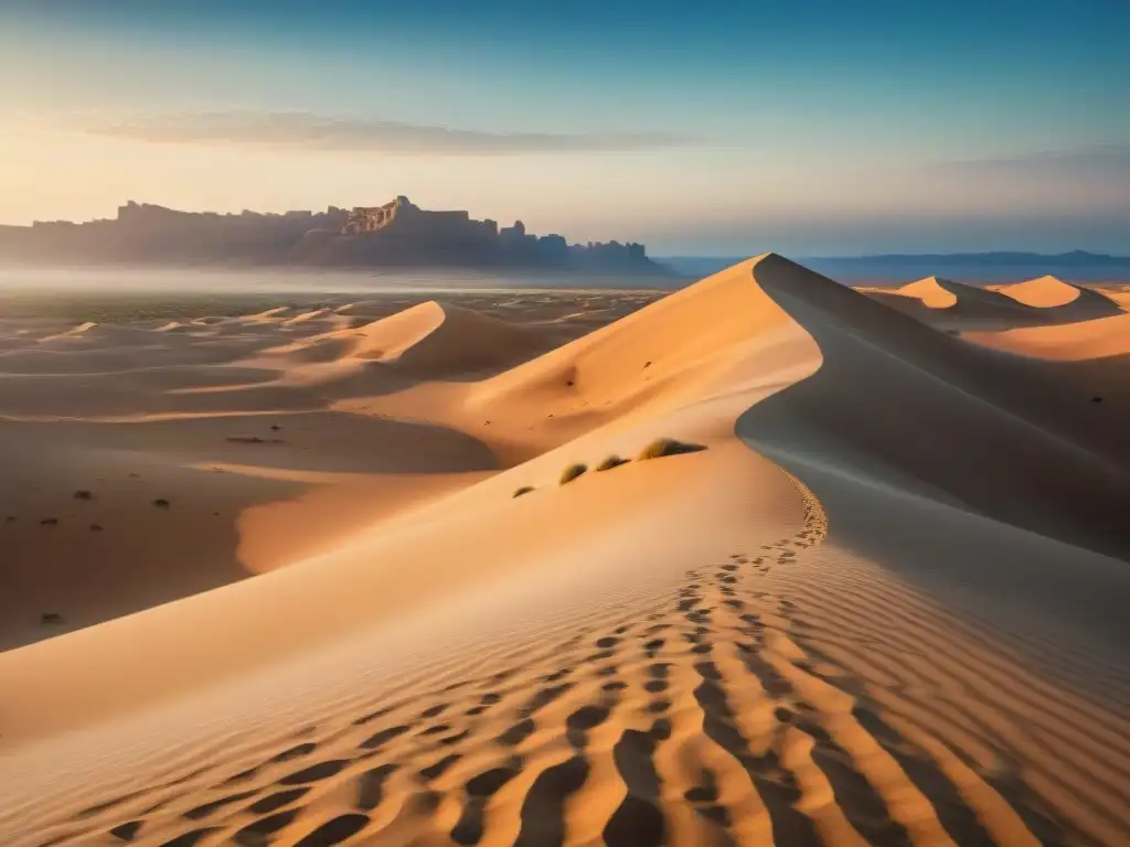 Ruinas de asentamientos antiguos en un desierto, bajo un cielo azul claro