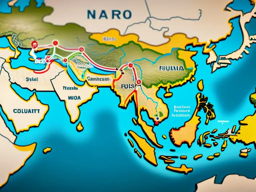 Ruta de Seda: antiguo mapa con simbología nómada y espiritual, destaca rutas, oasis y centros comerciales en colores vibrantes