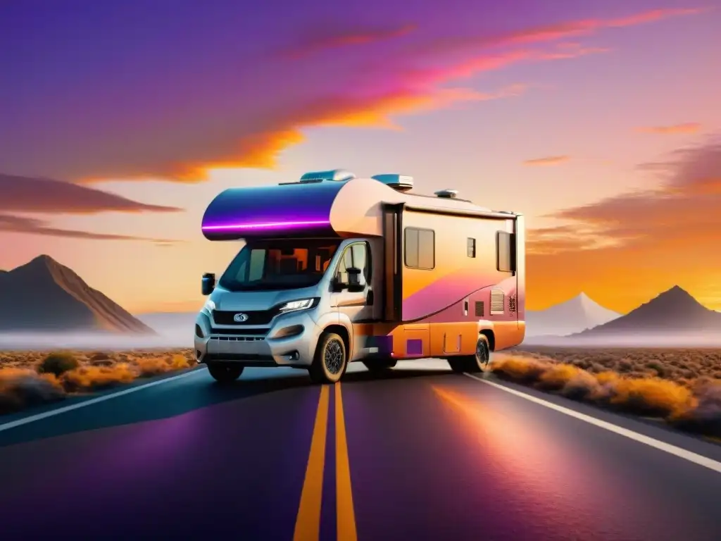 Un RV moderno viaja al atardecer por la carretera con elementos de seguridad digital integrados, creando una atmósfera tecnológica y serena