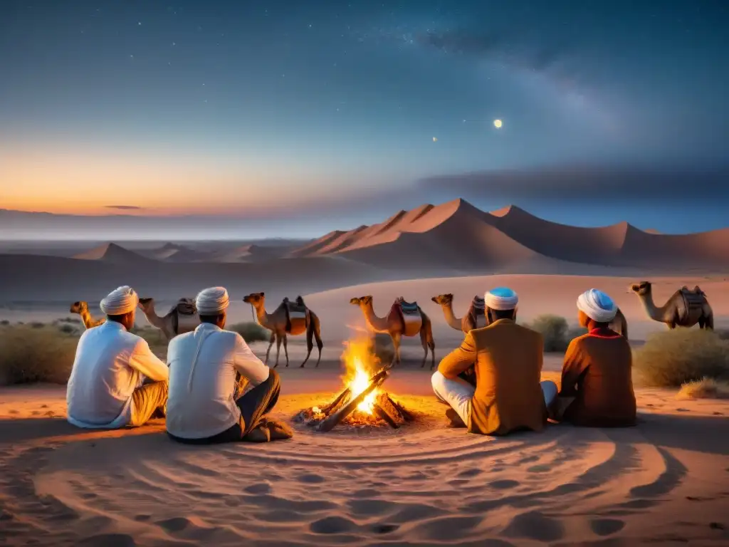 Transmisión de sabiduría entre tribus nómadas alrededor de la fogata en desierto estrellado