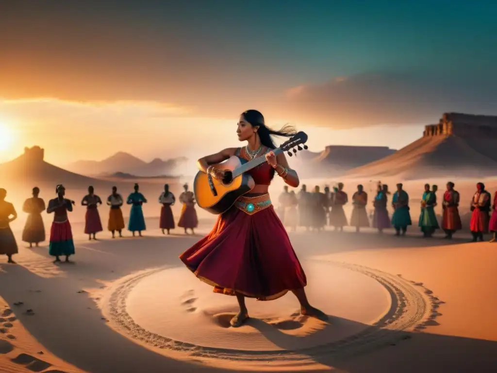 Un sanador nómada tocando un instrumento rodeado de gente bailando al atardecer en el desierto