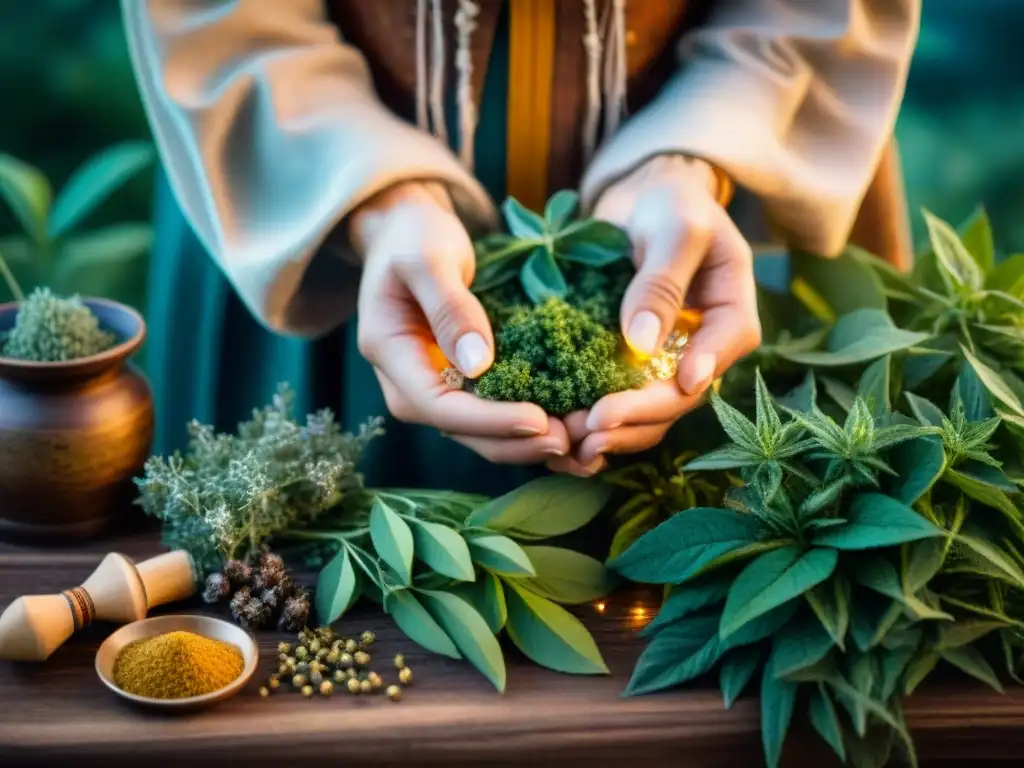 Un sanador nómada prepara una medicina herbal bajo un cielo estrellado, mostrando el impacto de la Medicina Tradicional Nómada