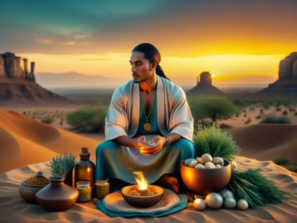 Un sanador nómada preparando medicina tradicional en el desierto al atardecer