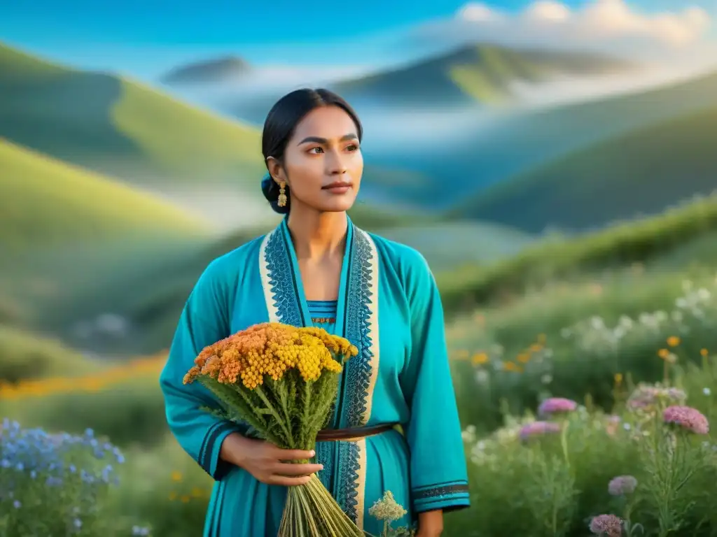 Un sanador nómada en un prado verde con flores silvestres, viste ropas tradicionales y sostiene hierbas medicinales