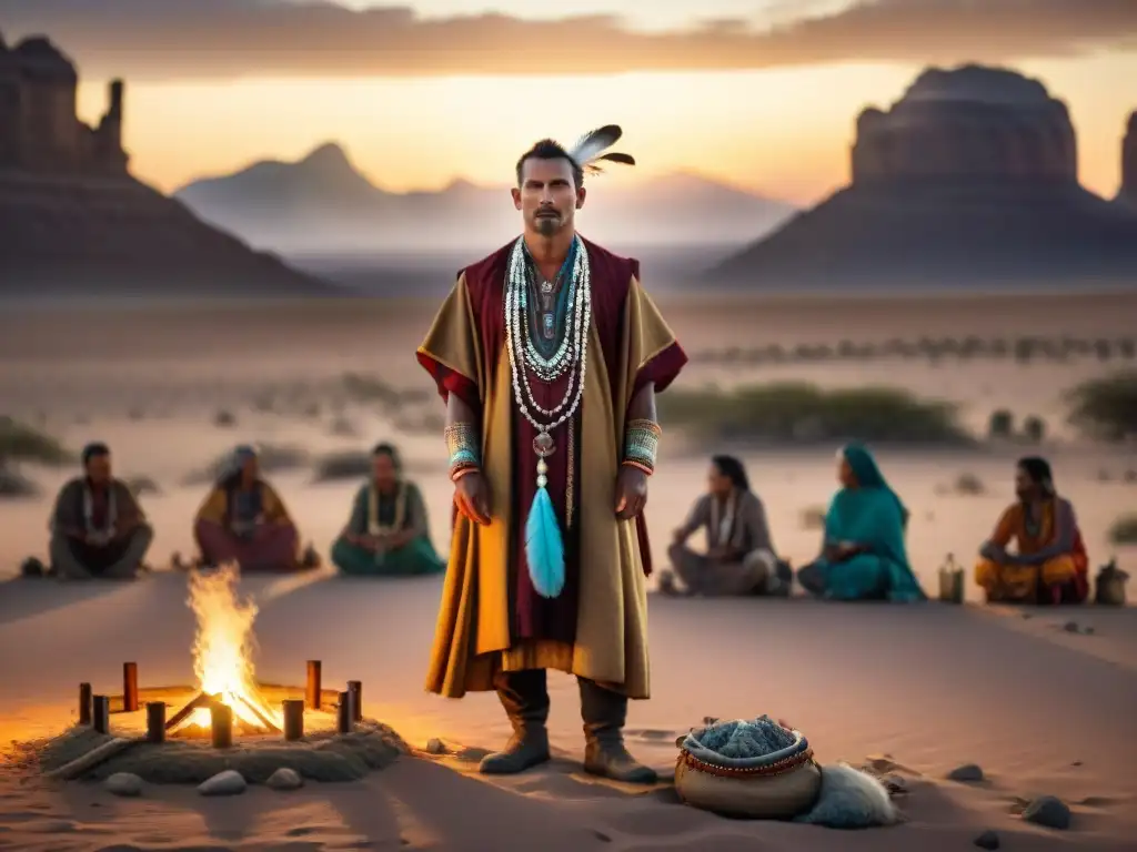 Un sanador nómada realiza un ritual en el desierto al atardecer, rodeado de personas diversas