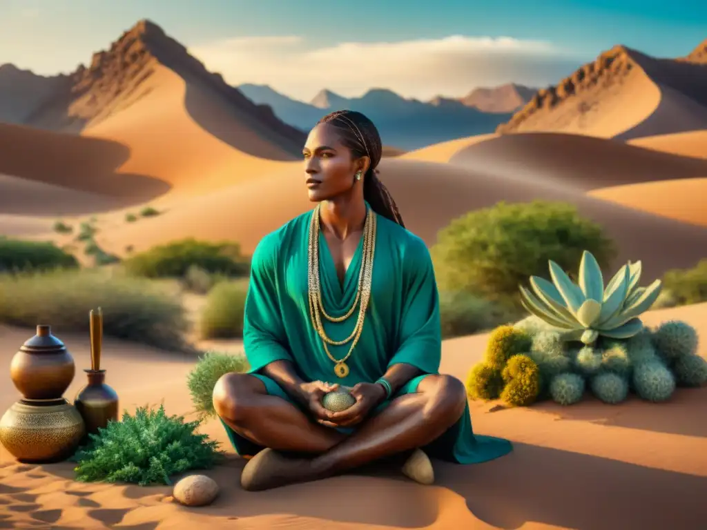 Sanador nómada con serpiente: ilustración vintage en desierto Un sanador nómada rodeado de hierbas medicinales, con una serpiente brillante enroscada en su brazo