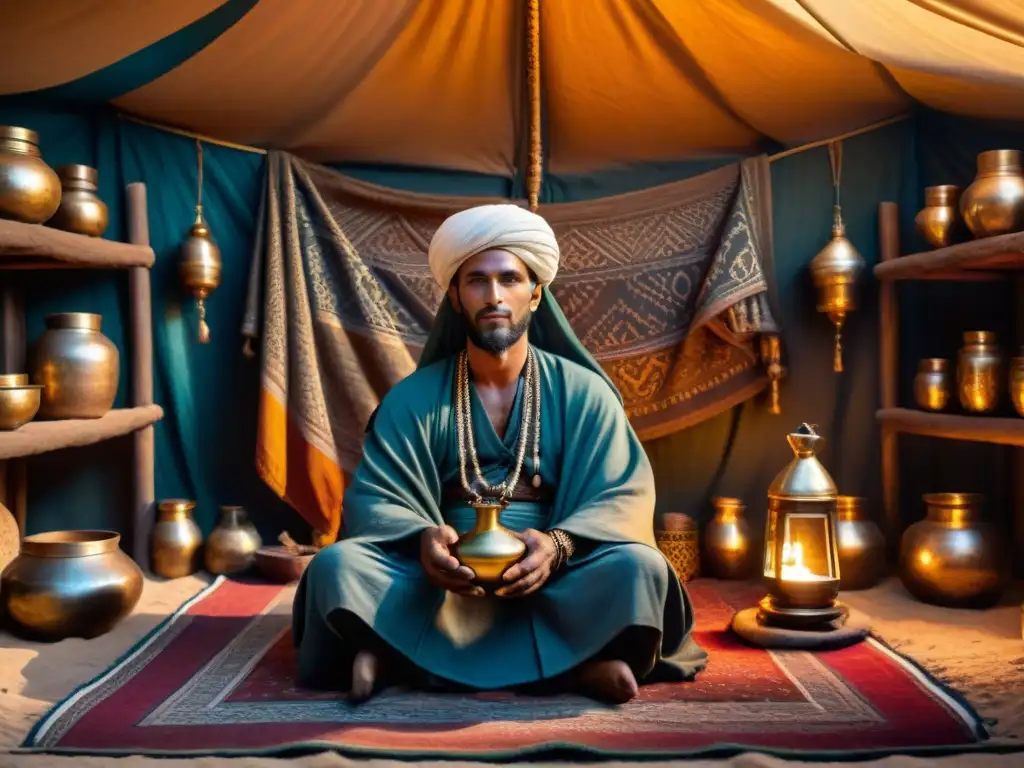 Un sanador tuareg elabora una poción en su tienda, rodeado de elementos místicos