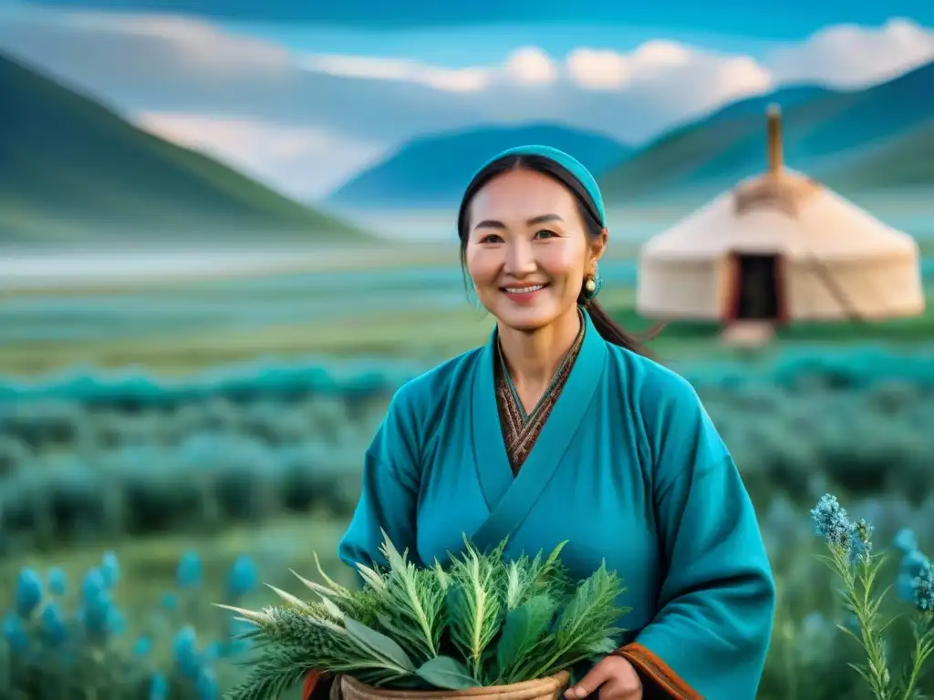 Hechicera kazaja preparando hierbas medicinales tradicionales Una sanadora nómada kazaja preparando hierbas medicinales en la estepa