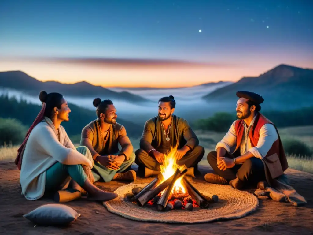 Secretos compartidos en el campamento de tribus nómadas bajo el cielo estrellado, irradiando plenitud y sabiduría ancestral