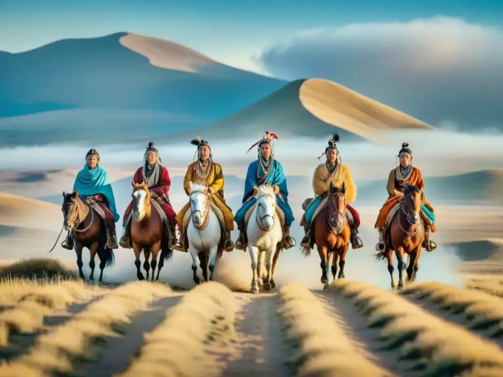 Serie documental tribus nómadas: Tribu nómada cabalgando en estepa dorada con cielo azul