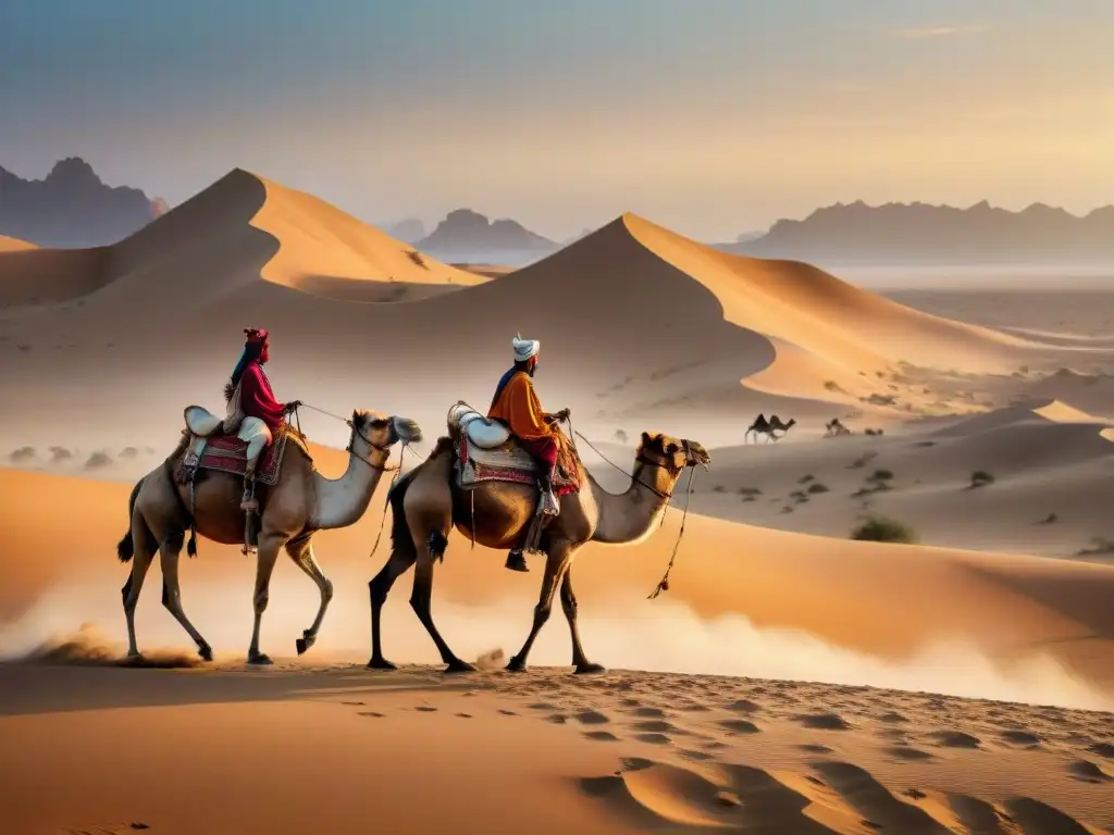 Siluetas de tribus nómadas conduciendo camellos en un desierto al atardecer, evocando la historia y cultura de un legado ancestral