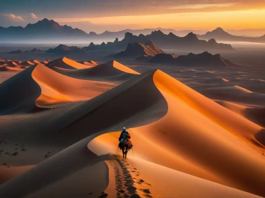 Éxodo en el desierto al atardecer: vida nómada en 8k Siluetas de tribus nómadas viajando en camellos al atardecer en un vasto desierto